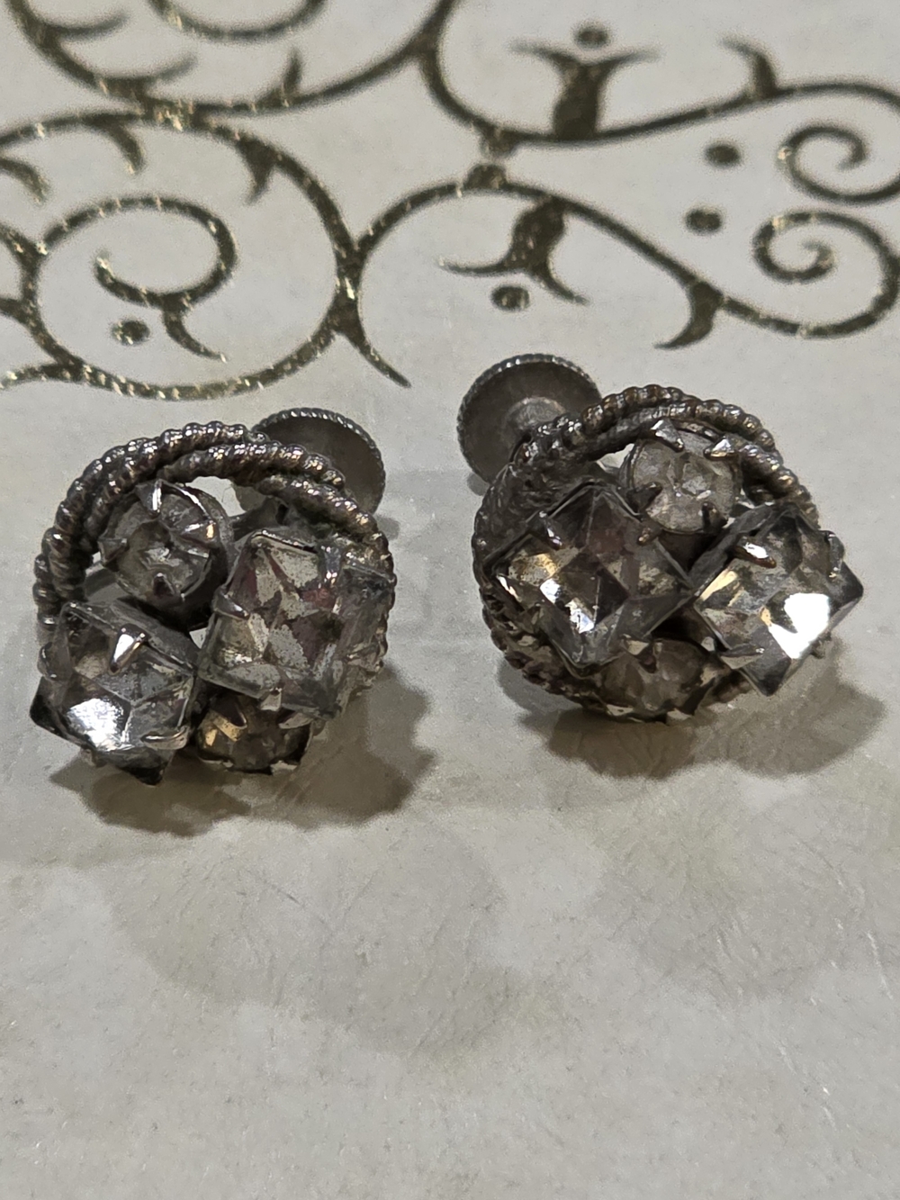 Vintage Silver-Tone Clear Cluster Stud Screw-back Earrings